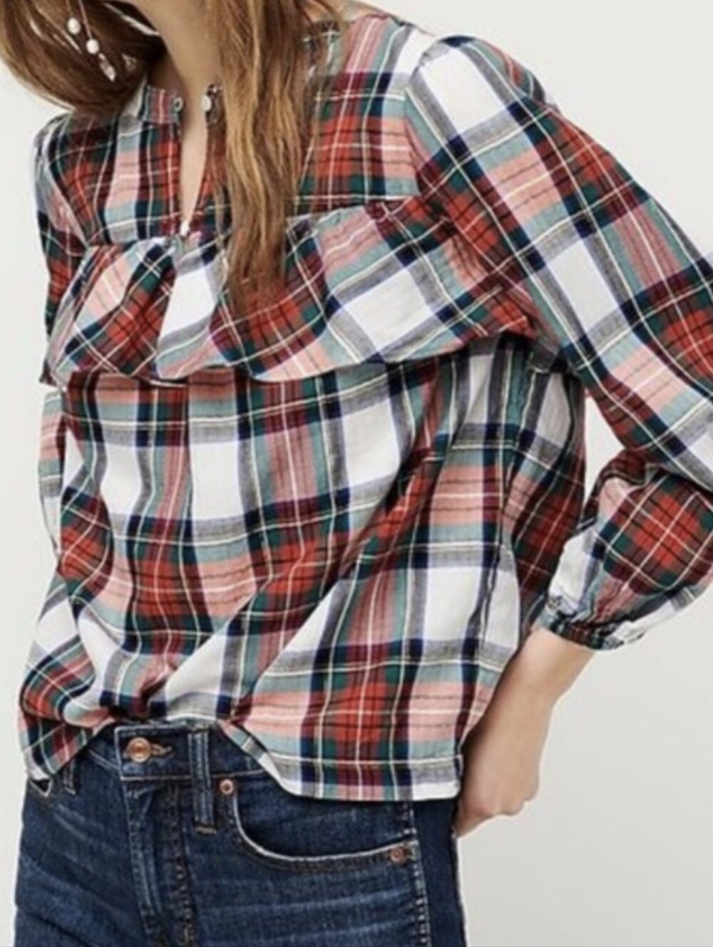 J. Crew Flannel Ruffle Top In Snowy Stewart Tartan Plaid Shirt Top Size XS